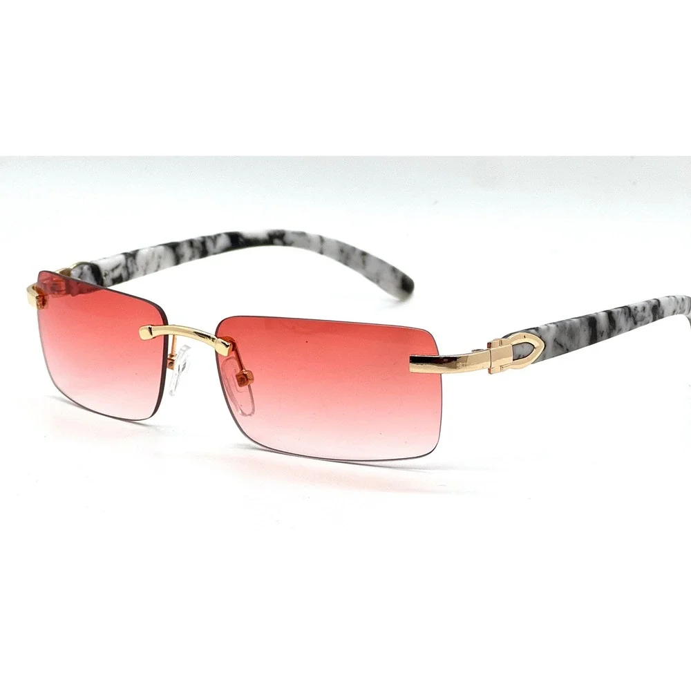Mens Rimless Rectangle‎ Sunglasses Red Gradient Lens Gold Marble Arms Y2K Retro